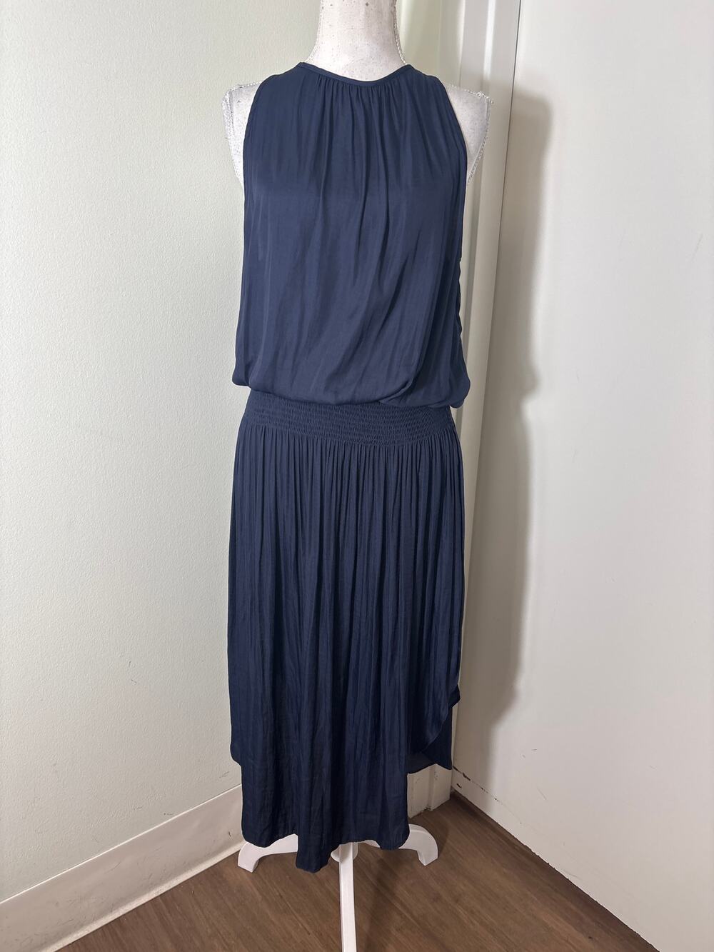Modern Citizen Navy Sleeveless Silk Asymetrical Hem Midi Dress Sz M